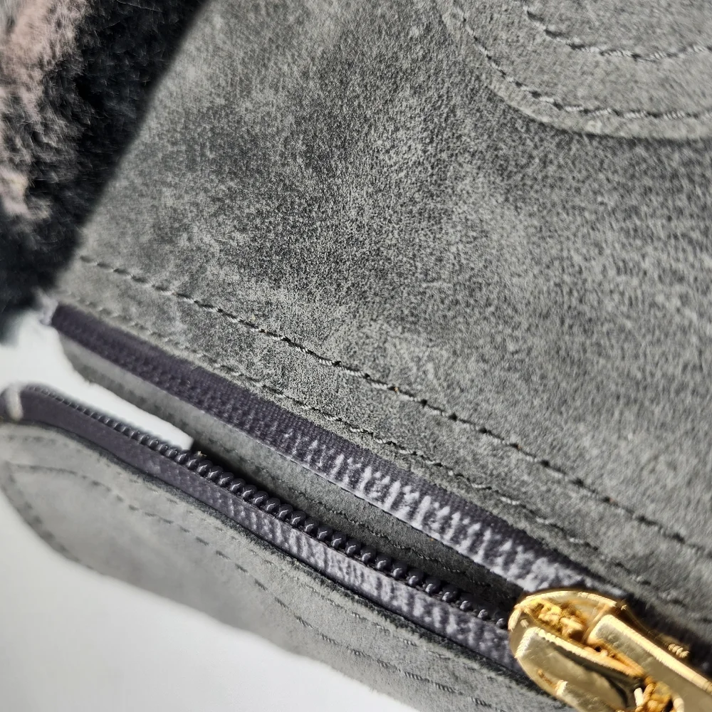 Cole Haan Quinney Grey Suede Faux Fur Waterproof Dual Zip Lug Sole Chelsea Boots